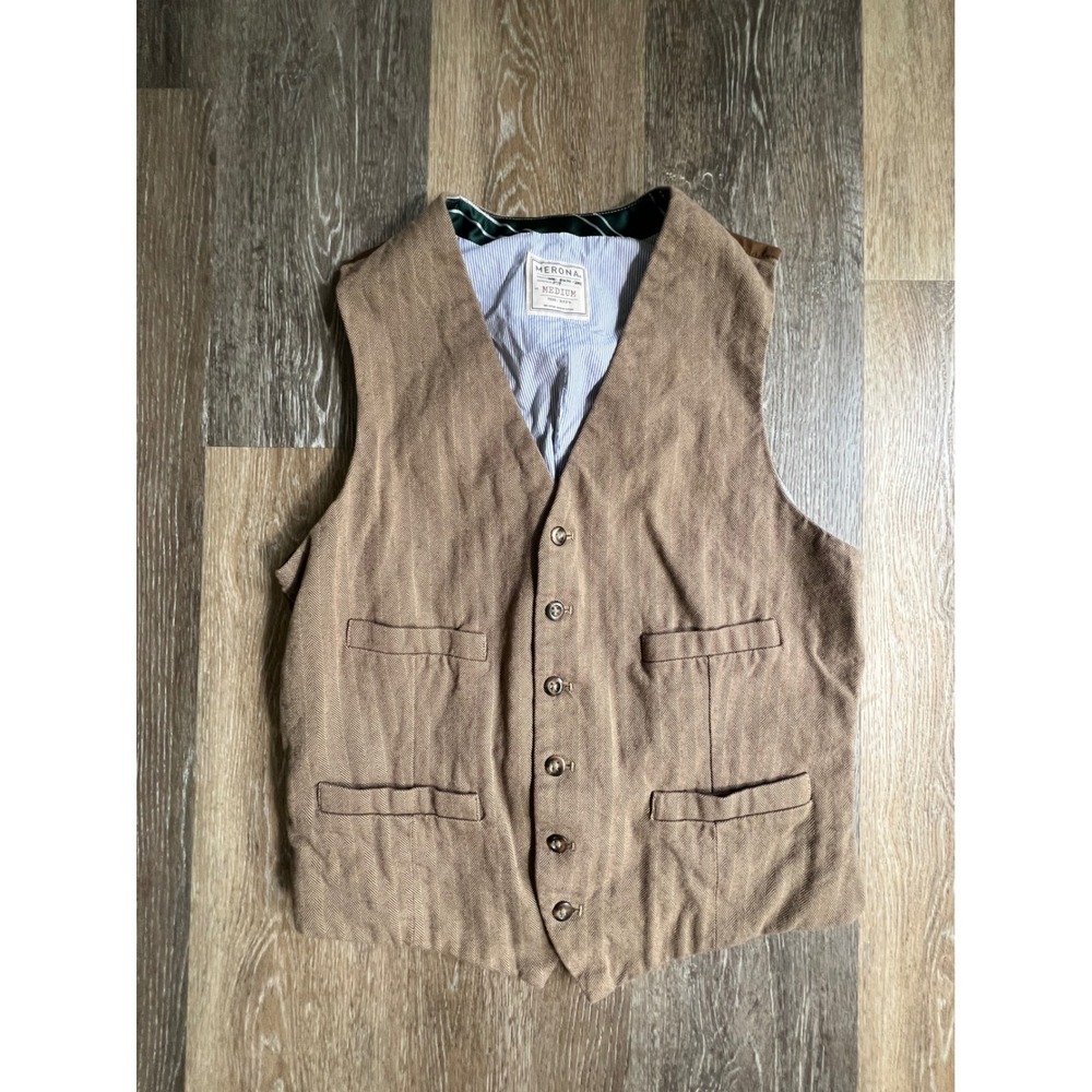 Merona Vest Mens Medium Brown Herringbone Cotton 4-Pocket Cinch Back Waistcoat